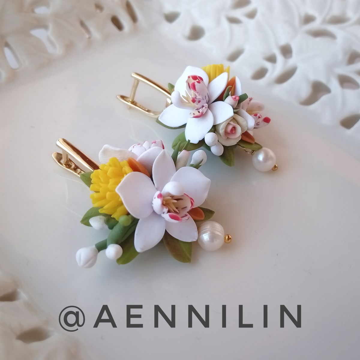 White Orchid Earrings – Handmade Polymer Clay Floral Earrings