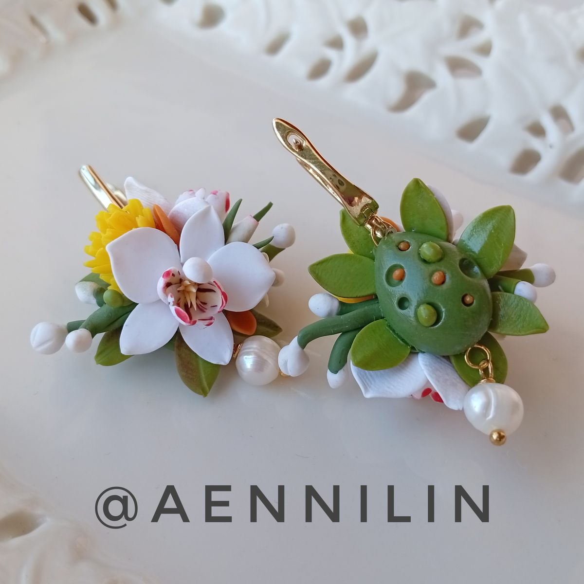 White Orchid Earrings – Handmade Polymer Clay Floral Earrings