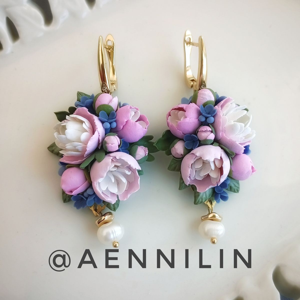 Peony Bouquet Earrings – Handmade Polymer Clay Floral Earrings with Freshwater Pearls