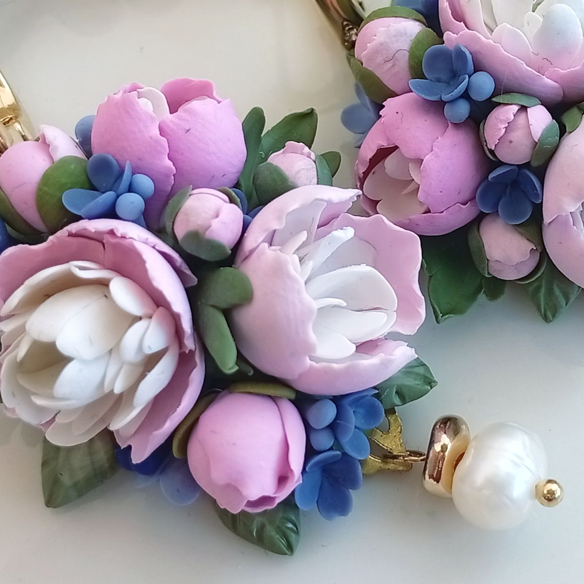 Peony Bouquet Earrings – Handmade Polymer Clay Floral Earrings with Freshwater Pearls