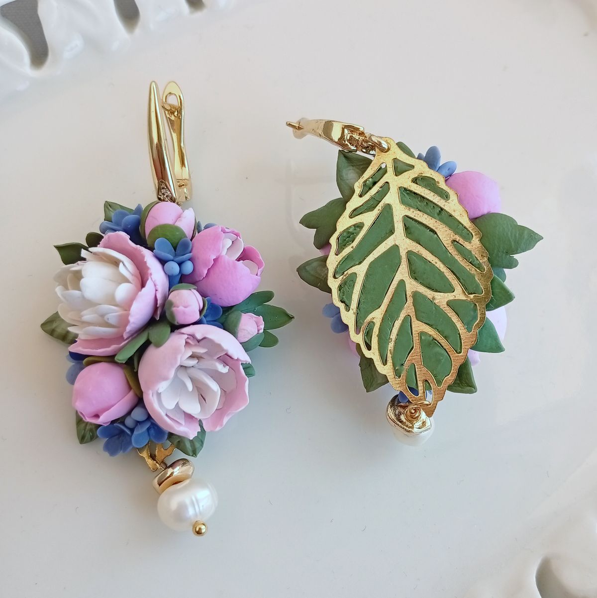 Peony Bouquet Earrings – Handmade Polymer Clay Floral Earrings with Freshwater Pearls