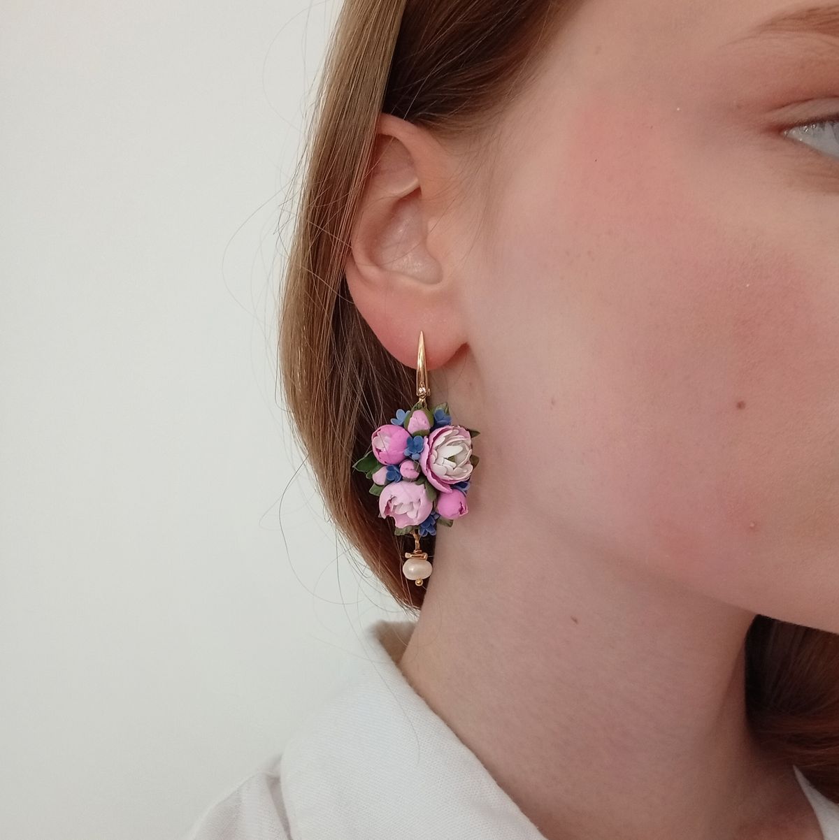 Peony Bouquet Earrings – Handmade Polymer Clay Floral Earrings with Freshwater Pearls
