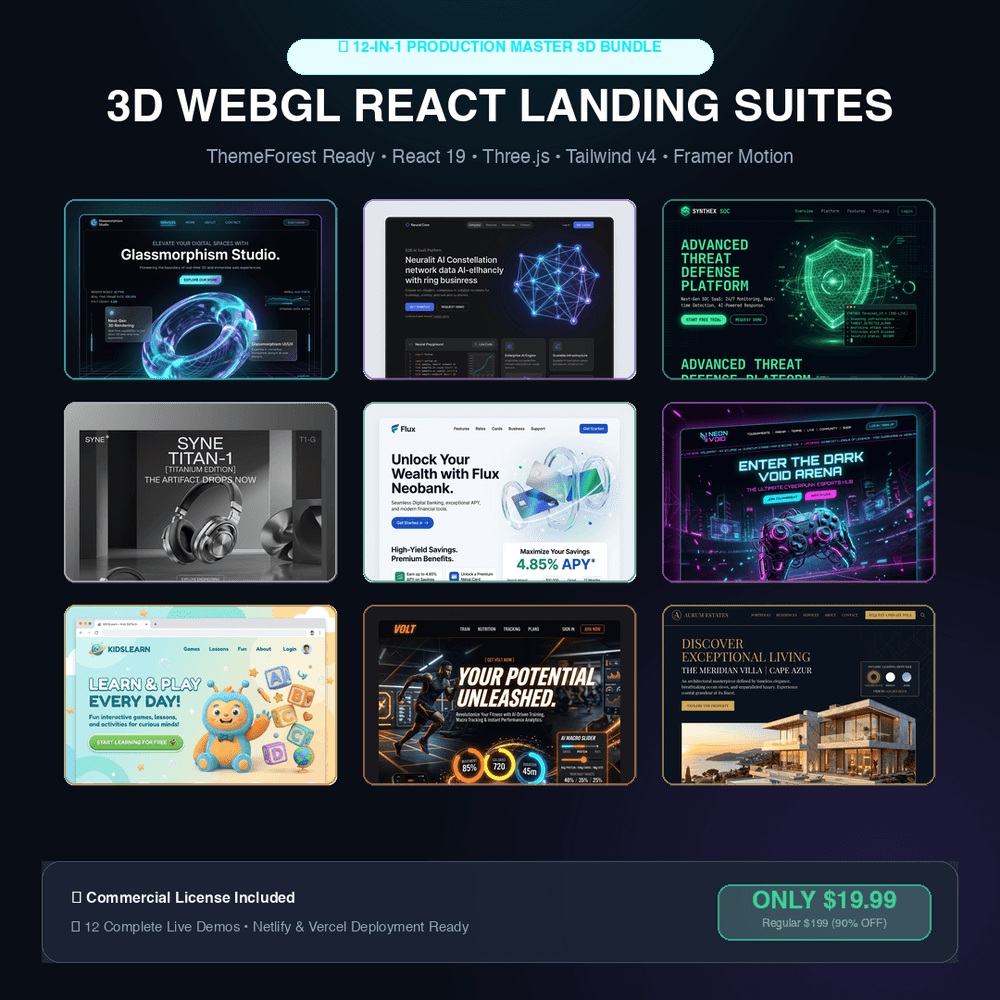 12x Production 3D WebGL React Landing Pages Bundle (Commercial License)