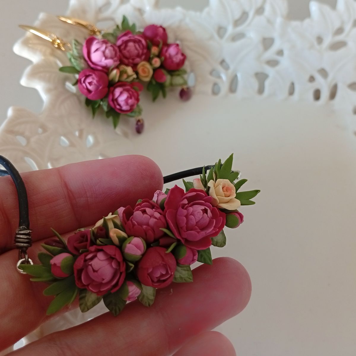 Pink Peonies & Yellow Roses – Handmade Polymer Clay Jewelry Set