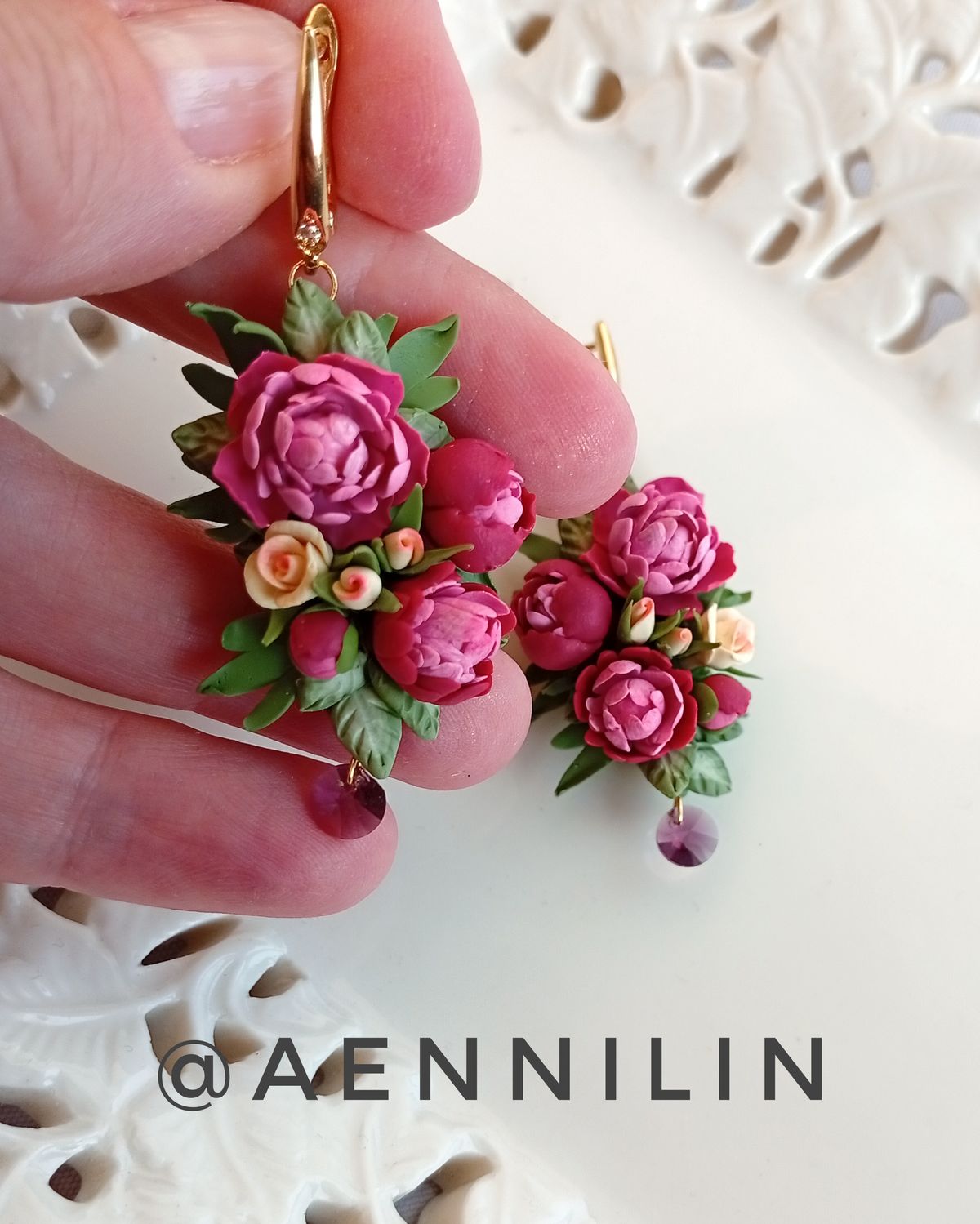 Pink Peonies & Yellow Roses – Handmade Polymer Clay Jewelry Set