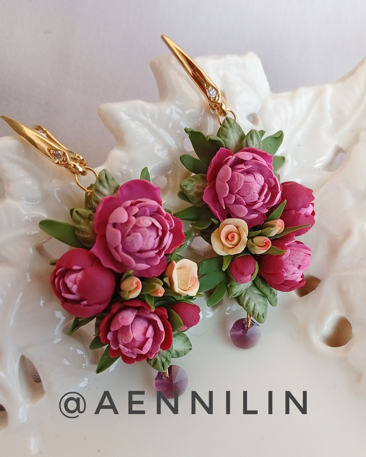 Pink Peonies & Yellow Roses – Handmade Polymer Clay Jewelry Set