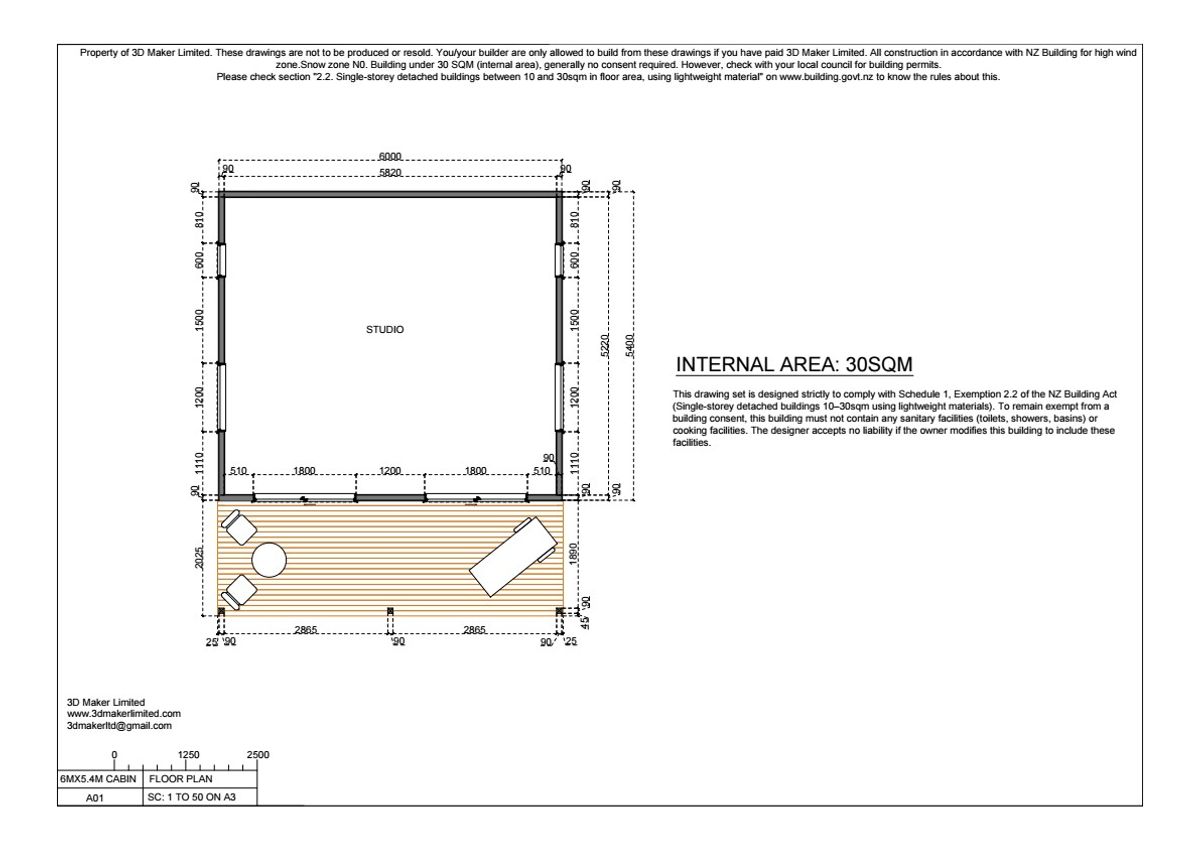 FREE Concept Plan | 6.0m x 5.4m Open Plan Cabin (Plywood & Batten) – with 2m front verandah - Copy