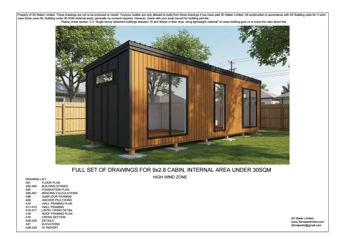 Full Construction Plan Package | 9.0m x 2.8m Cabin (Plywood & Batten)