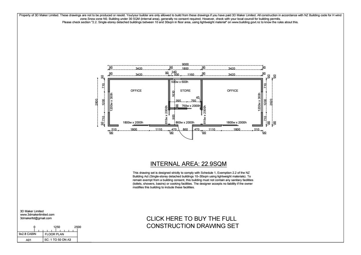 Full Construction Plan Package | 9.0m x 2.8m Cabin (Plywood & Batten)