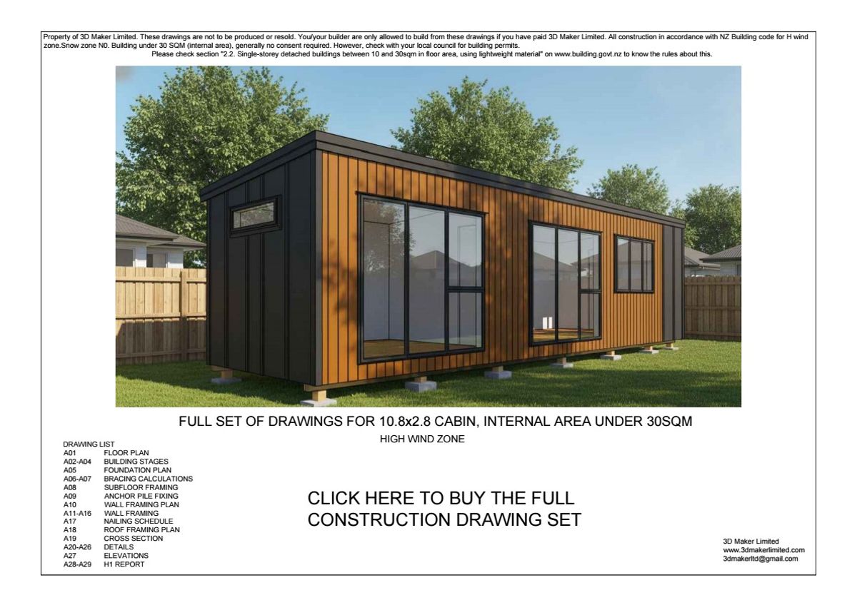 Full Construction Plan Package | 10.8m x 2.8m Cabin (Plywood & Batten)