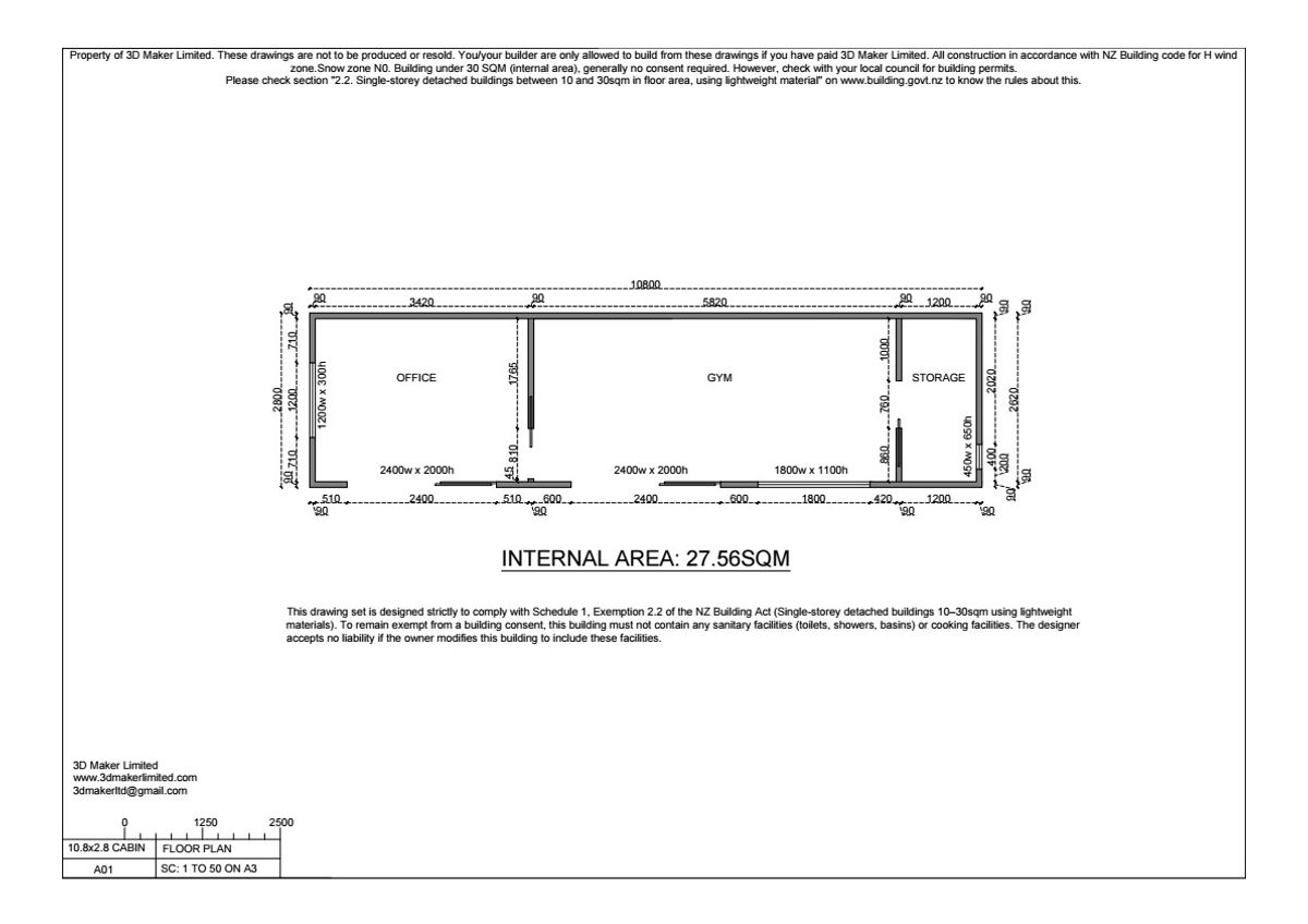 FREE Concept Plan | 10.8m x 2.8m Cabin (Plywood & Batten)