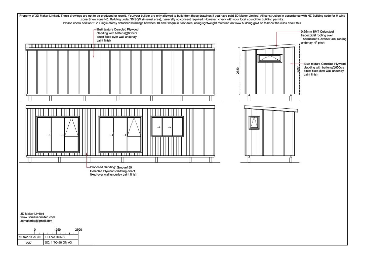 FREE Concept Plan | 10.8m x 2.8m Cabin (Plywood & Batten)