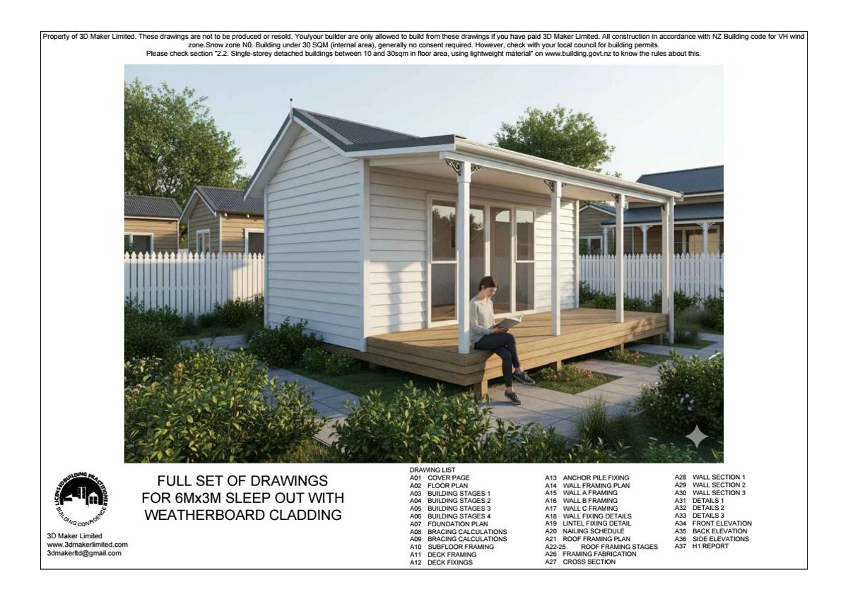 Full Construction Plan Package | 6.0m x 3.0m Weatherboard Cladding