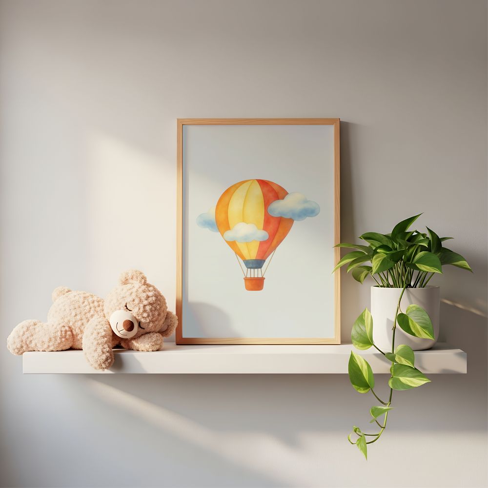 Hot Air Balloon Wall Art, Watercolor Nursery Decor, Cute Clouds Sky Poster, Minimalist Kids Room Print, Whimsical Digital Download