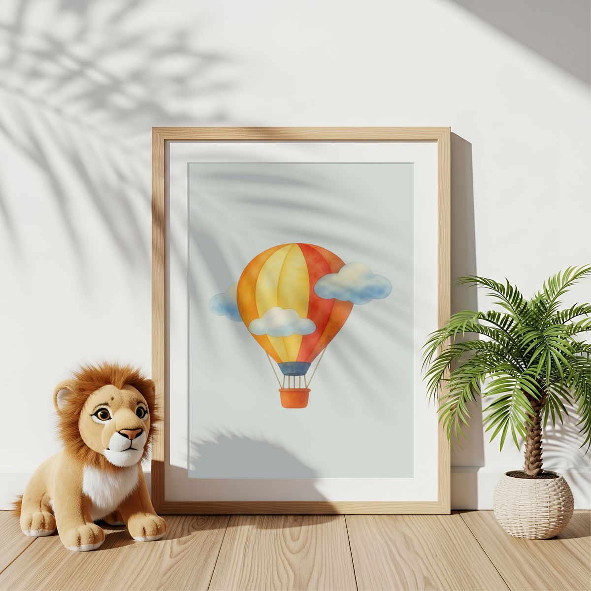 Hot Air Balloon Wall Art, Watercolor Nursery Decor, Cute Clouds Sky Poster, Minimalist Kids Room Print, Whimsical Digital Download