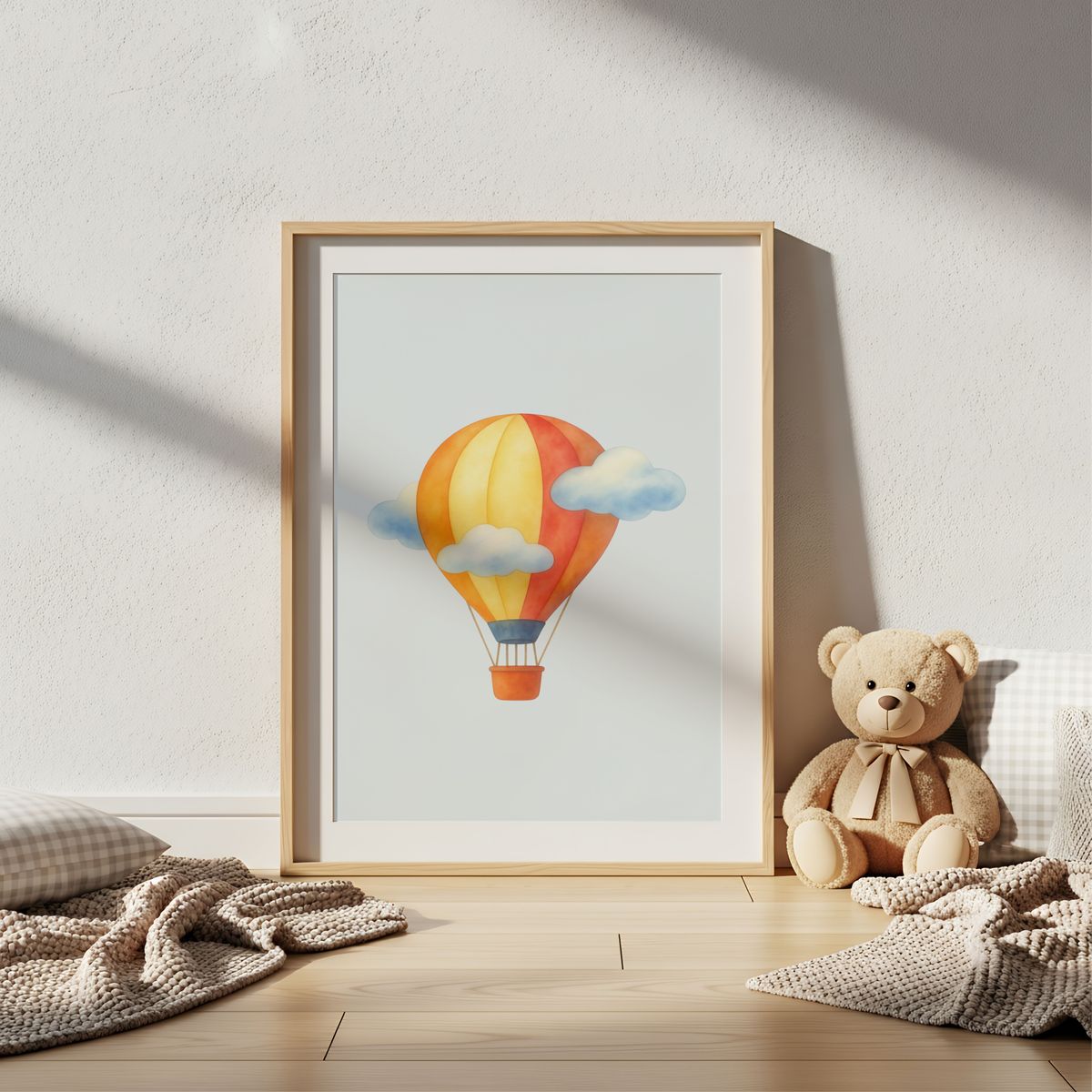 Hot Air Balloon Wall Art, Watercolor Nursery Decor, Cute Clouds Sky Poster, Minimalist Kids Room Print, Whimsical Digital Download
