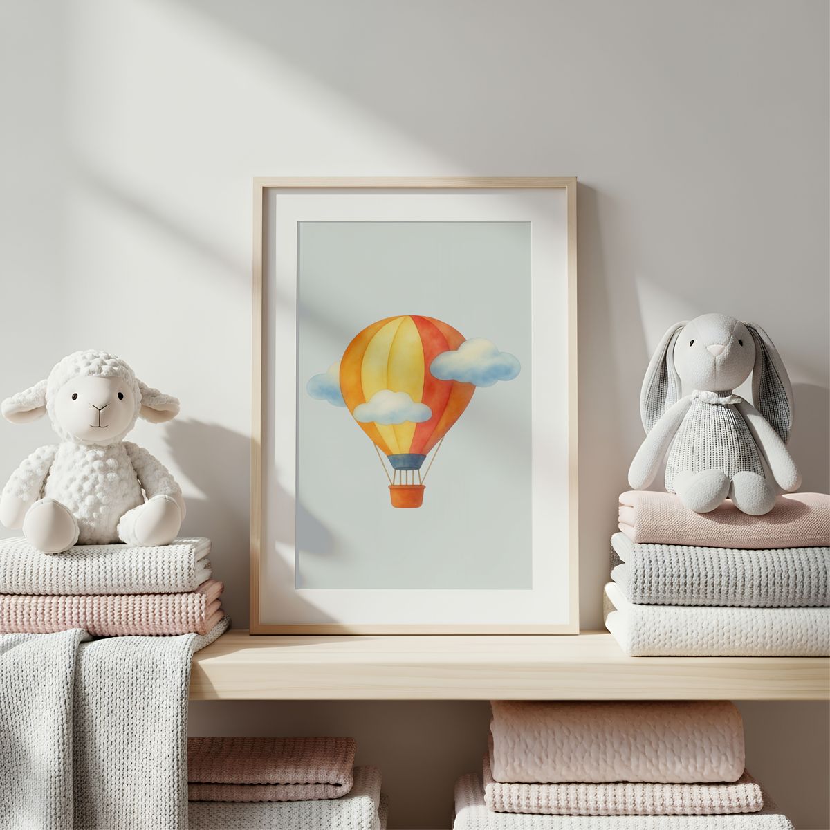 Hot Air Balloon Wall Art, Watercolor Nursery Decor, Cute Clouds Sky Poster, Minimalist Kids Room Print, Whimsical Digital Download
