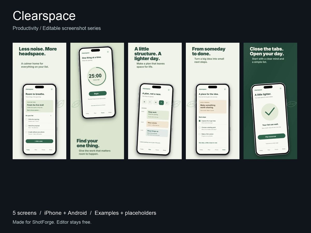 Clearspace — Productivity App Screenshot Templates