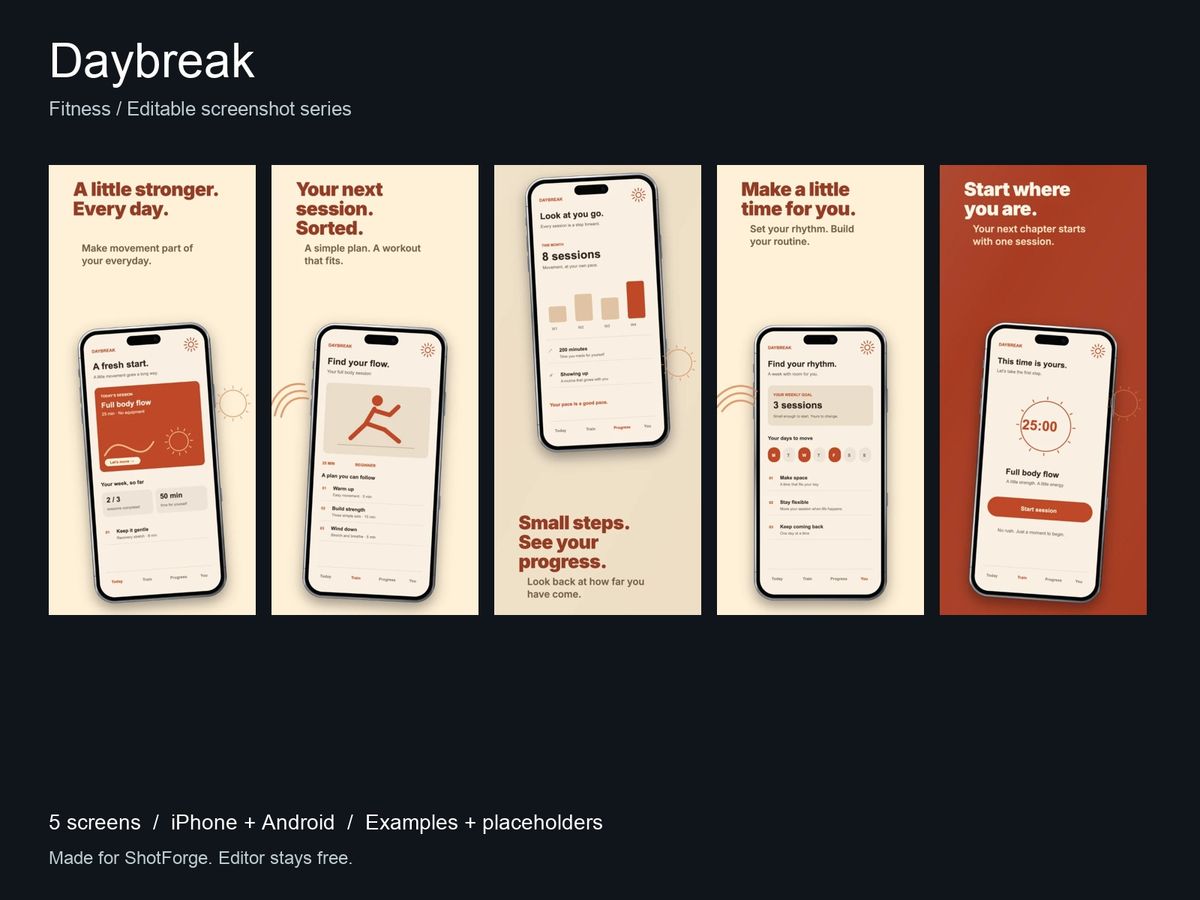 Daybreak — Fitness App Screenshot Templates