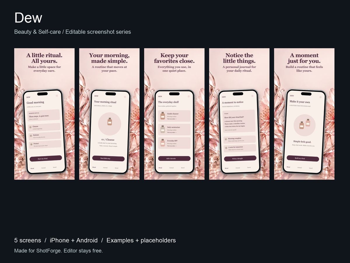 Dew — Beauty & Self-care App Screenshot Templates