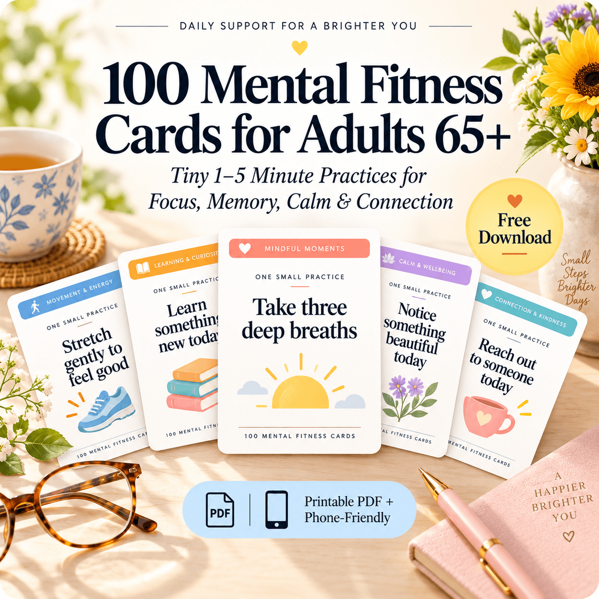 100 Mental Fitness Cards for Adults 65+ | Memory, Focus, Calm & Everyday Resilience