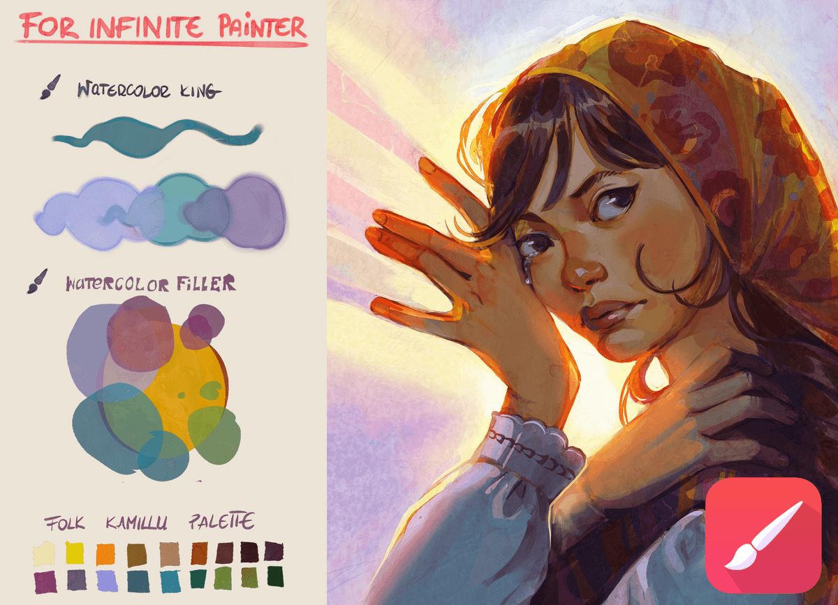 2 Watercolor Brushes and Folk Color Palette for Infinite Painter - free