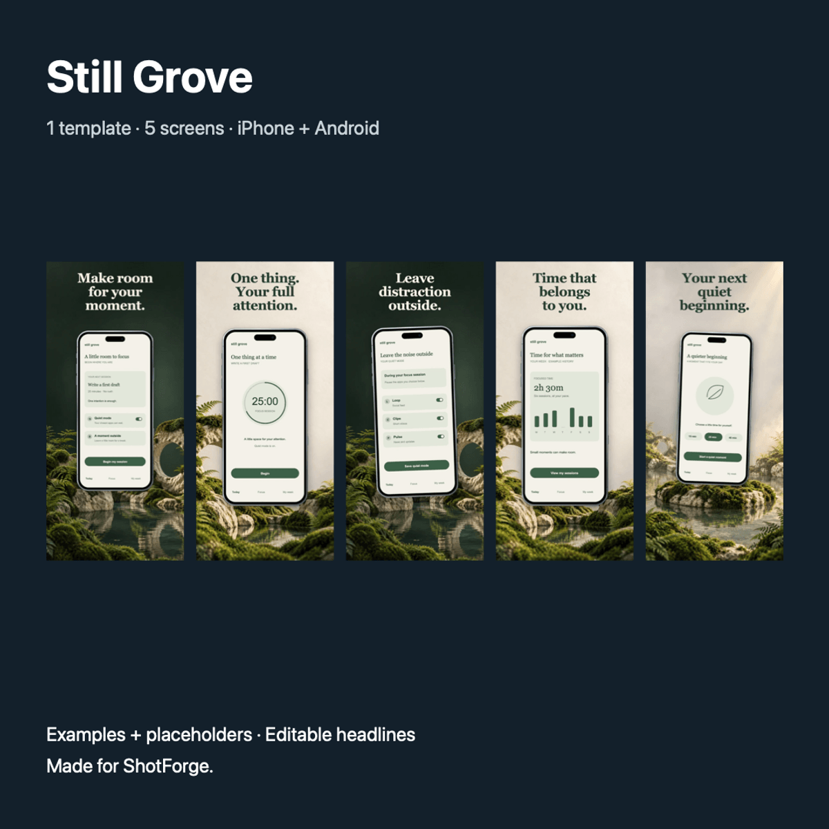 Still Grove — App Screenshot Template for ShotForge