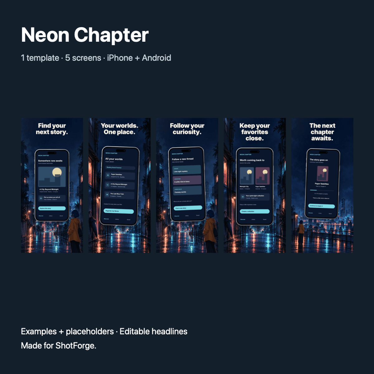 Neon Chapter — App Screenshot Template for ShotForge