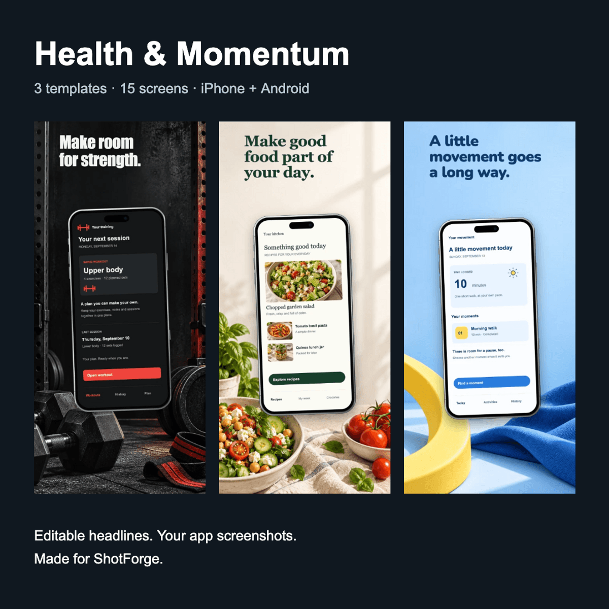 Health & Momentum — ShotForge Screenshot Templates
