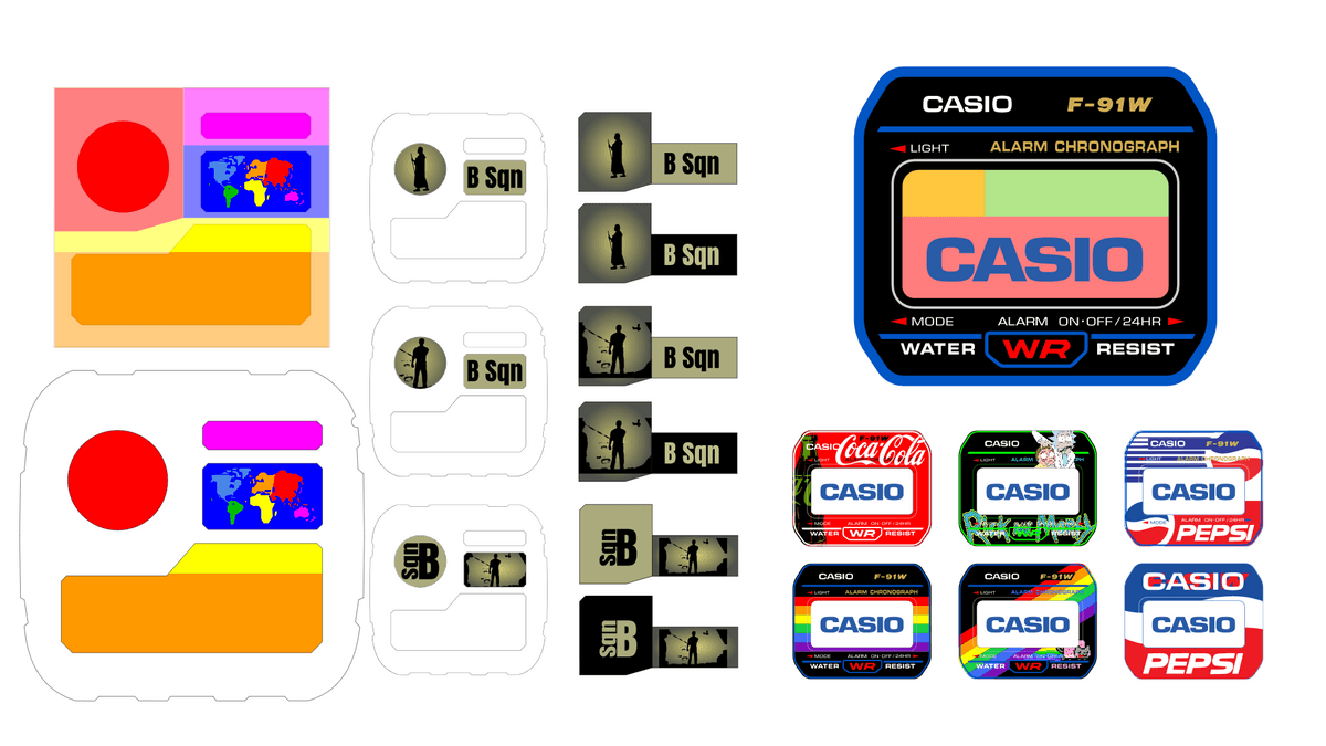 CASIO Royale ae1200, F91W - universal vectorial custom filter, reflector and face sticker templates