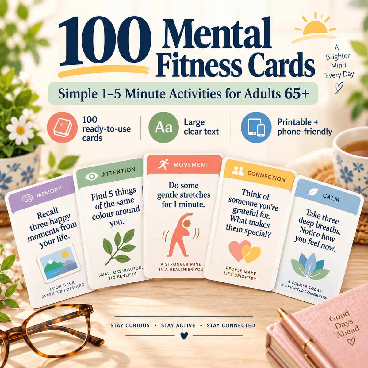 100 Mental Fitness Cards for Adults 65+ | Simple Screen-Free Activities