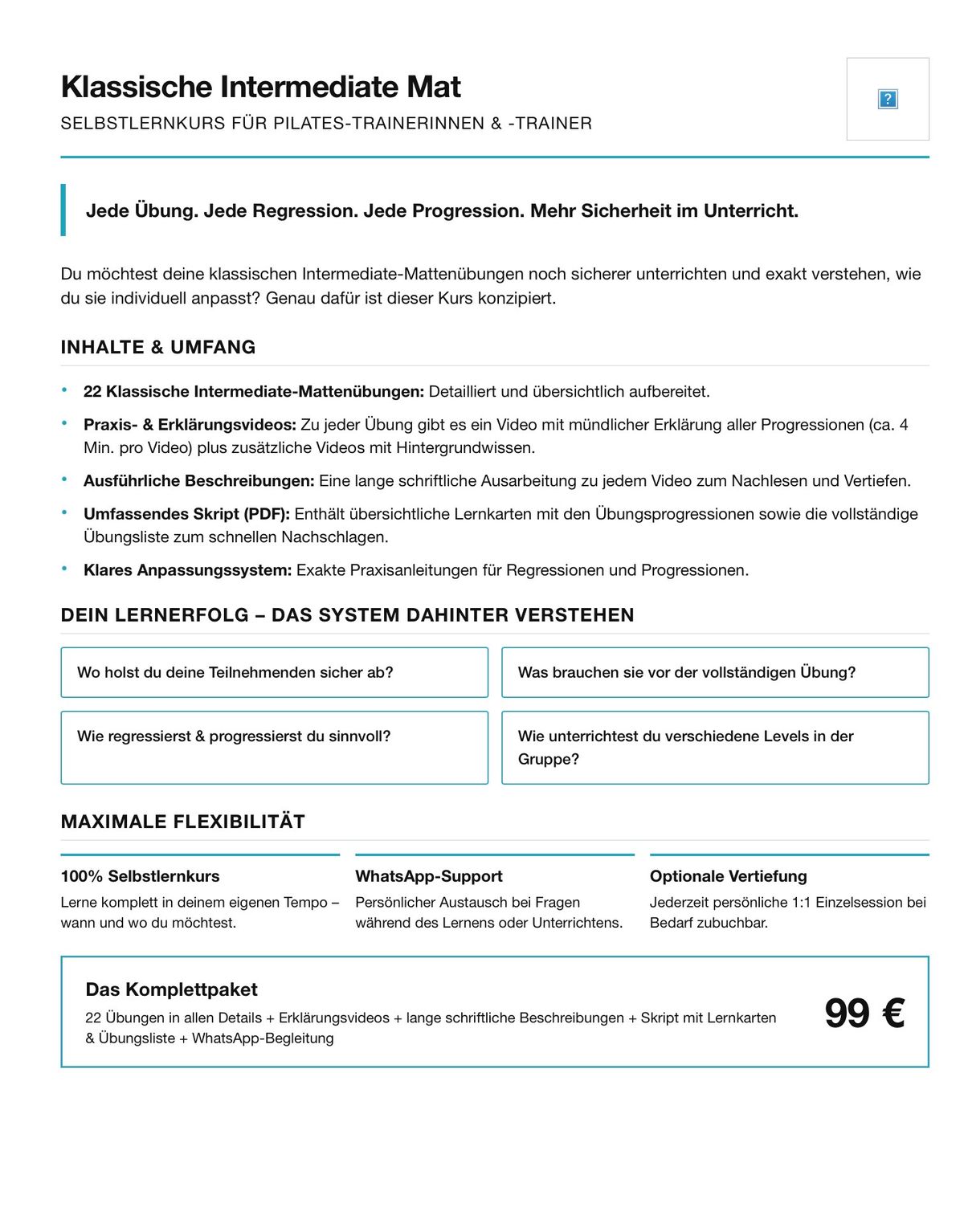 Pilates Mat- Selbstlernkurs mit 22 Videos & PDF -Level: Intermediate