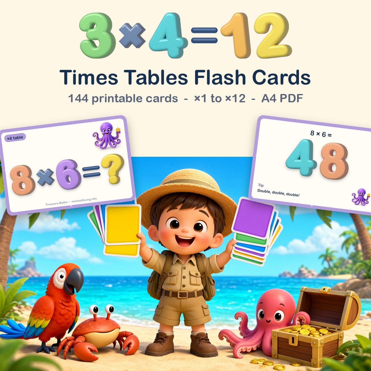 Times Tables Flash Cards for Kids (144 printable cards, ×1 to ×12)