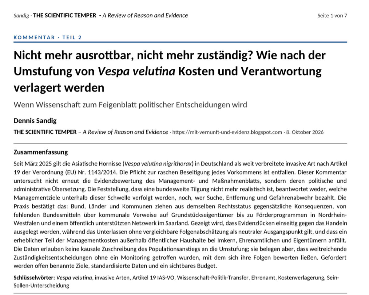 Nicht mehr ausrottbar, nicht mehr zuständig? Wer nach der Umstufung der Asiatischen Hornisse handelt und wer bezahlt