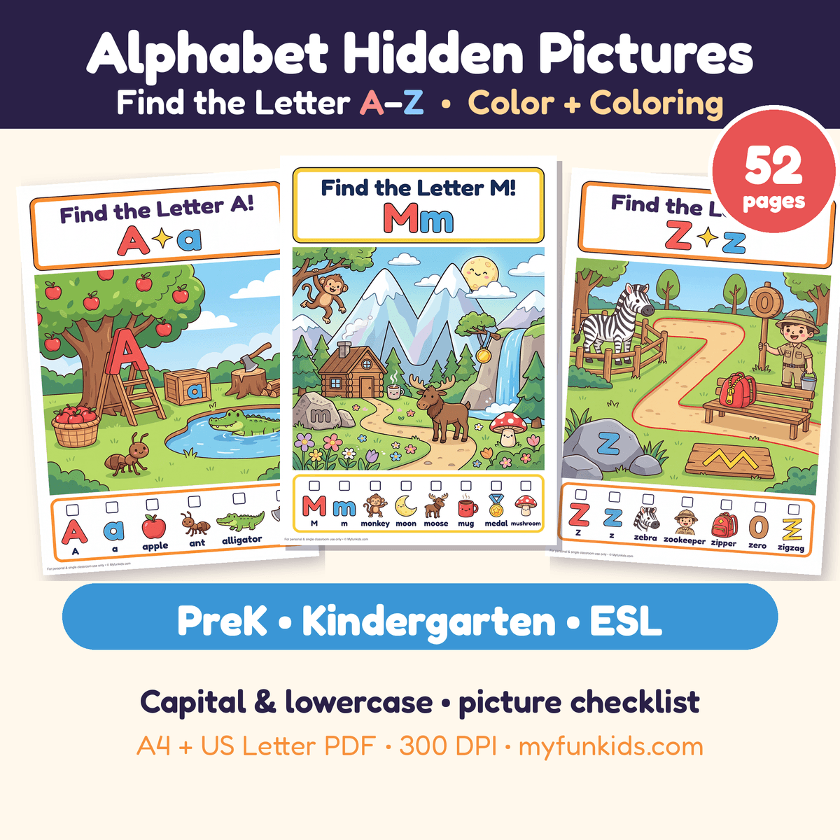 Alphabet Hidden Pictures A–Z | Find the Letter Worksheets & Coloring Pages