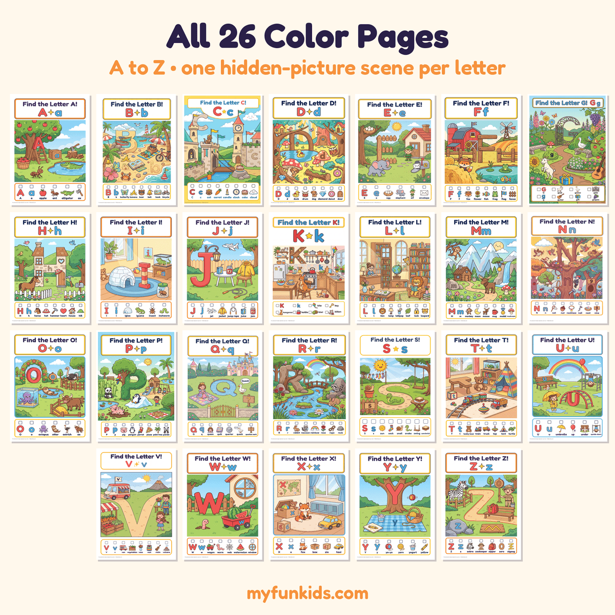 Alphabet Hidden Pictures A–Z | Find the Letter Worksheets & Coloring Pages