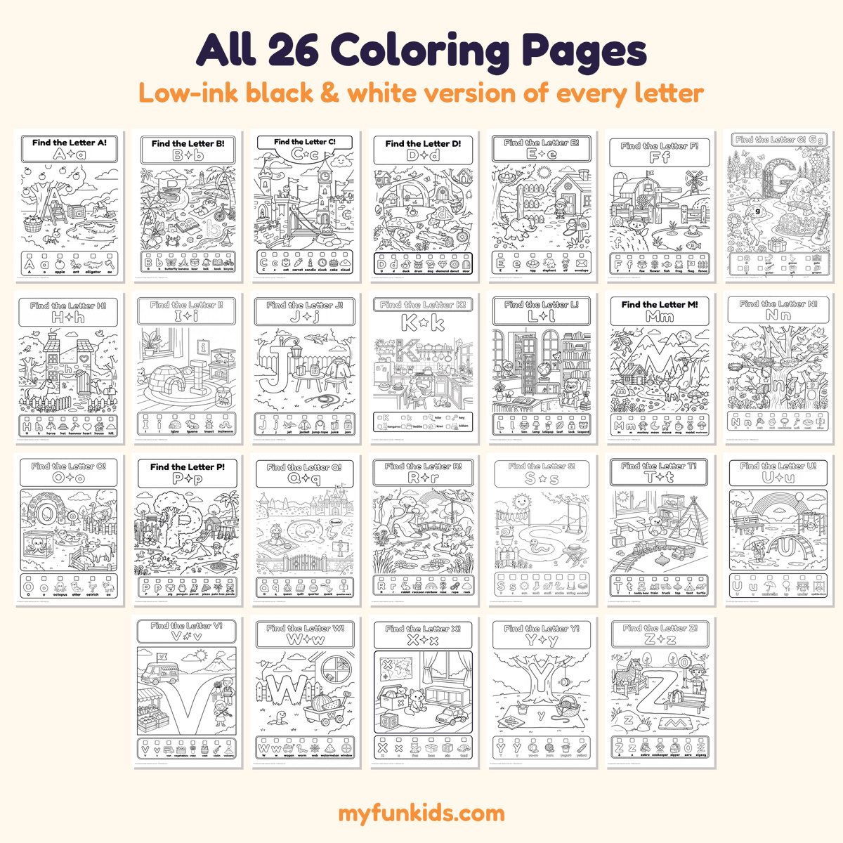 Alphabet Hidden Pictures A–Z | Find the Letter Worksheets & Coloring Pages