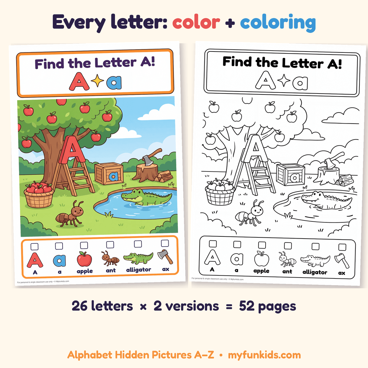 Alphabet Hidden Pictures A–Z | Find the Letter Worksheets & Coloring Pages