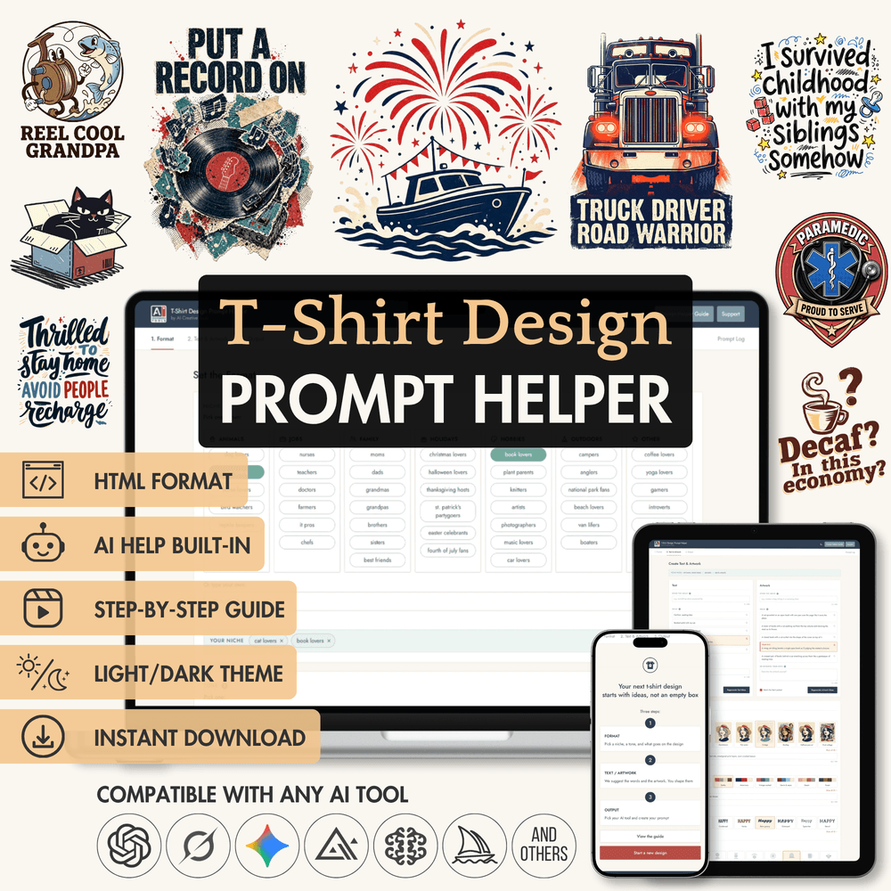 T-Shirt Design Prompt Helper for ChatGPT, Grok, Gemini, Flux, Ideogram, Midjourney, Recraft, Seedream and other text-to-image AI