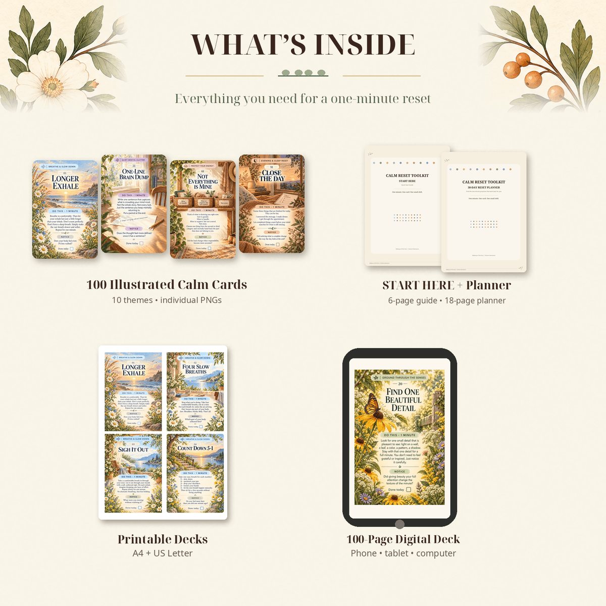 CALM RESET TOOLKIT | 100 One-Minute Calm Cards
