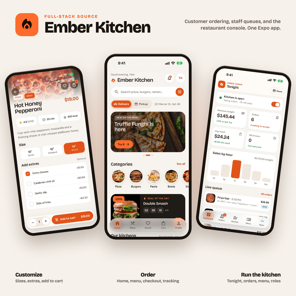 Ember Kitchen — React Native Food App, Restaurant Console & Staff Roles